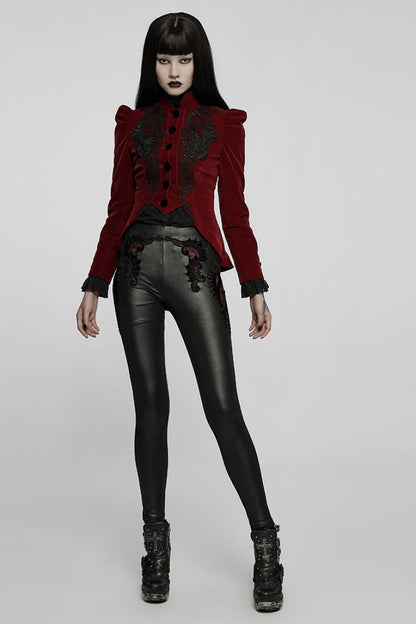 Black Hollow Embroidery Slim Faux Leather Women's Gothic Leggings