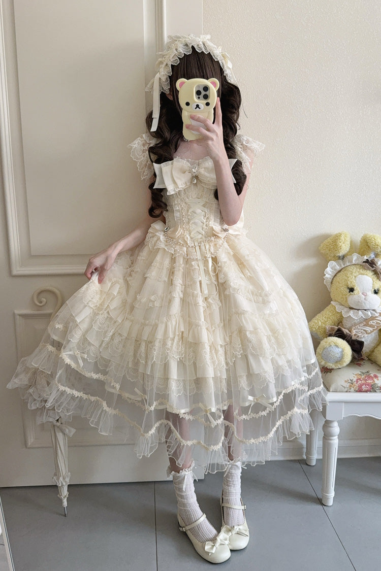 Apricot [Eternal Vow] Sleeveless Multi-Layered Ruffle Hanayome Bowknot Lace Lace-Up Sweet Lolita Jsk Dress