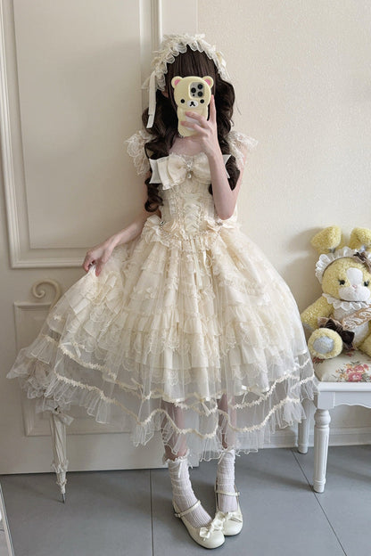 Apricot [Eternal Vow] Sleeveless Multi-Layered Ruffle Hanayome Bowknot Lace Lace-Up Sweet Lolita Jsk Dress