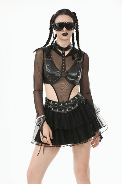 Black Metal Studded Women's Punk Faux Leather Bustier Crop Top with Adjustable Clasps