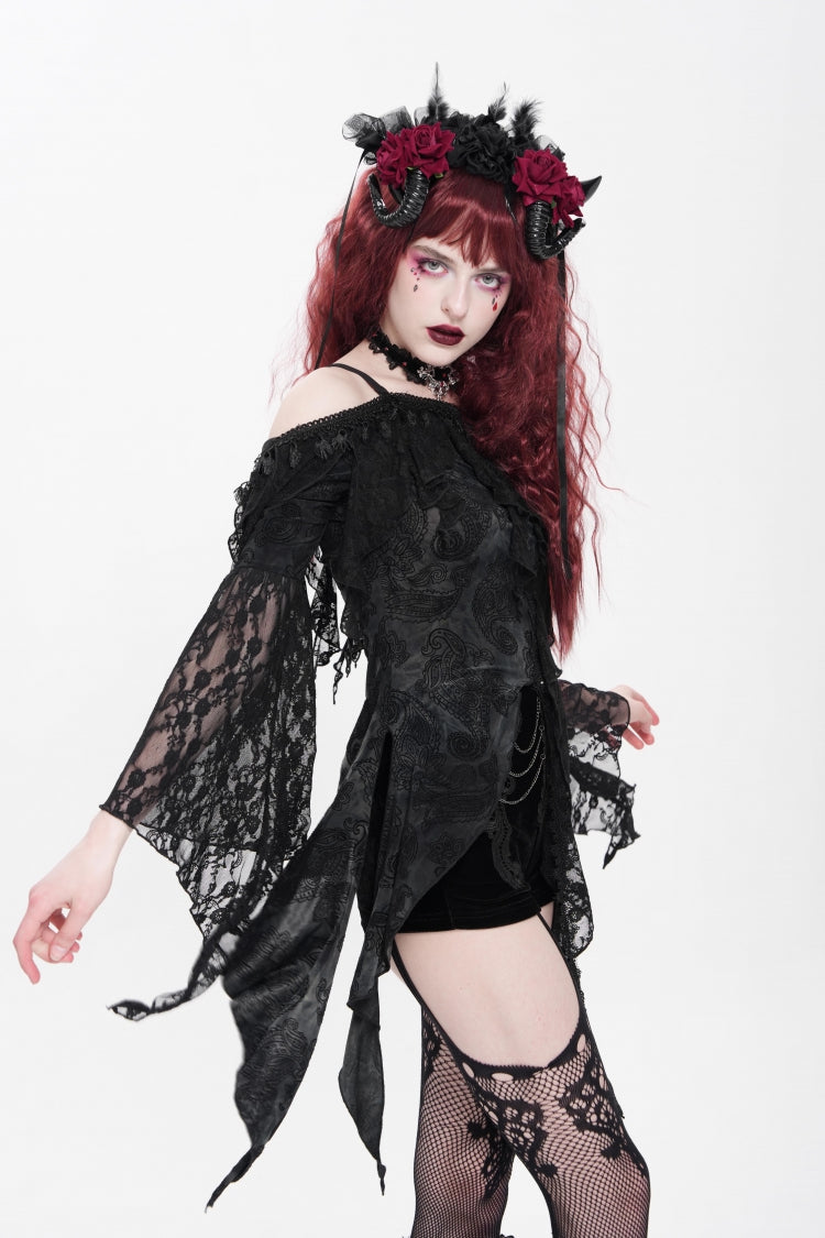 Black Off Shoulder Long Trumpet Sleeves Ruffle Women's Gothic Slip Blouse