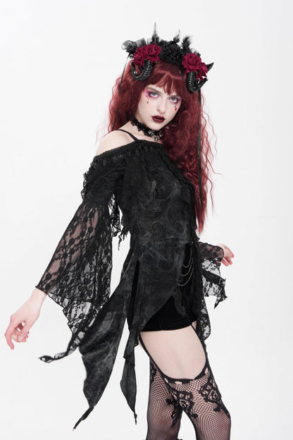 Black Off Shoulder Long Trumpet Sleeves Ruffle Women's Gothic Slip Blouse