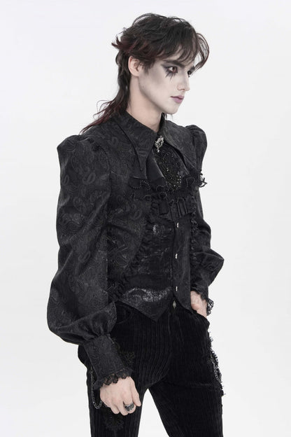 Black Lapel Collar Long Lantern Sleeves Jacquard Embroidered Lace Men's Gothic Palace Swallow-tailed Shirt with Necktie