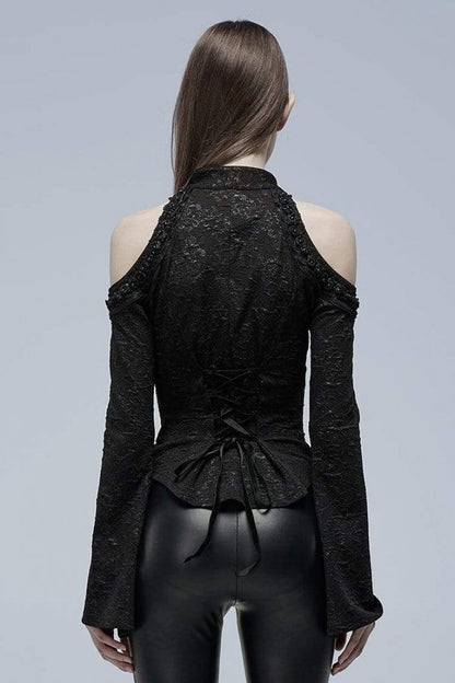 Black Long Trumpet Sleeves Print Hollow Stitching Lace-Up Womens Gothic Blouse
