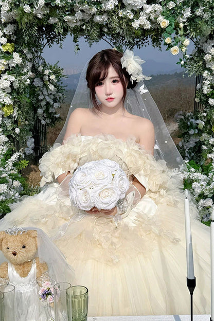 Apricot [Dream Confession] Sleeveless Triple-Layered Ruffled Hanayome Bow Lace Lace-Up Sweet Lolita Jsk Dress Long Version