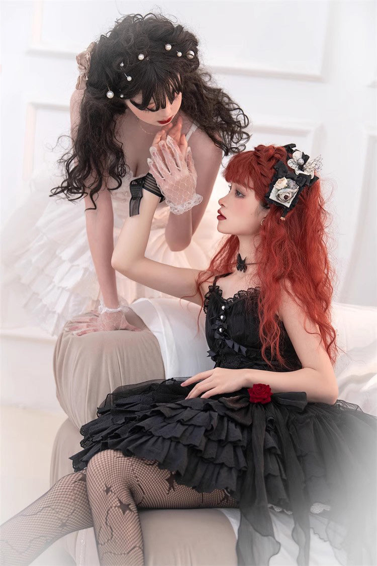 Black High Waisted Multi-layer Rose Bowknot Lace-Up Gothic Lolita Jsk Dress