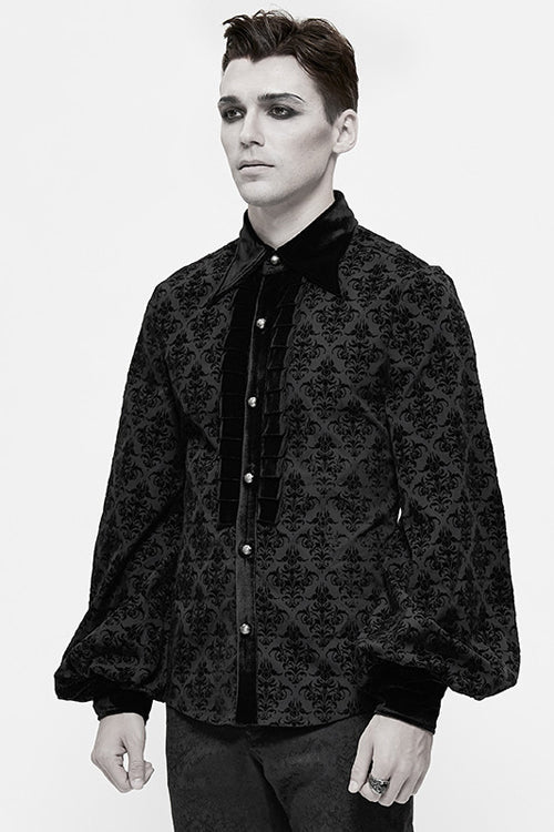 Black Court Pattern Flocking Lantern Sleeves Mens Gothic Blouse
