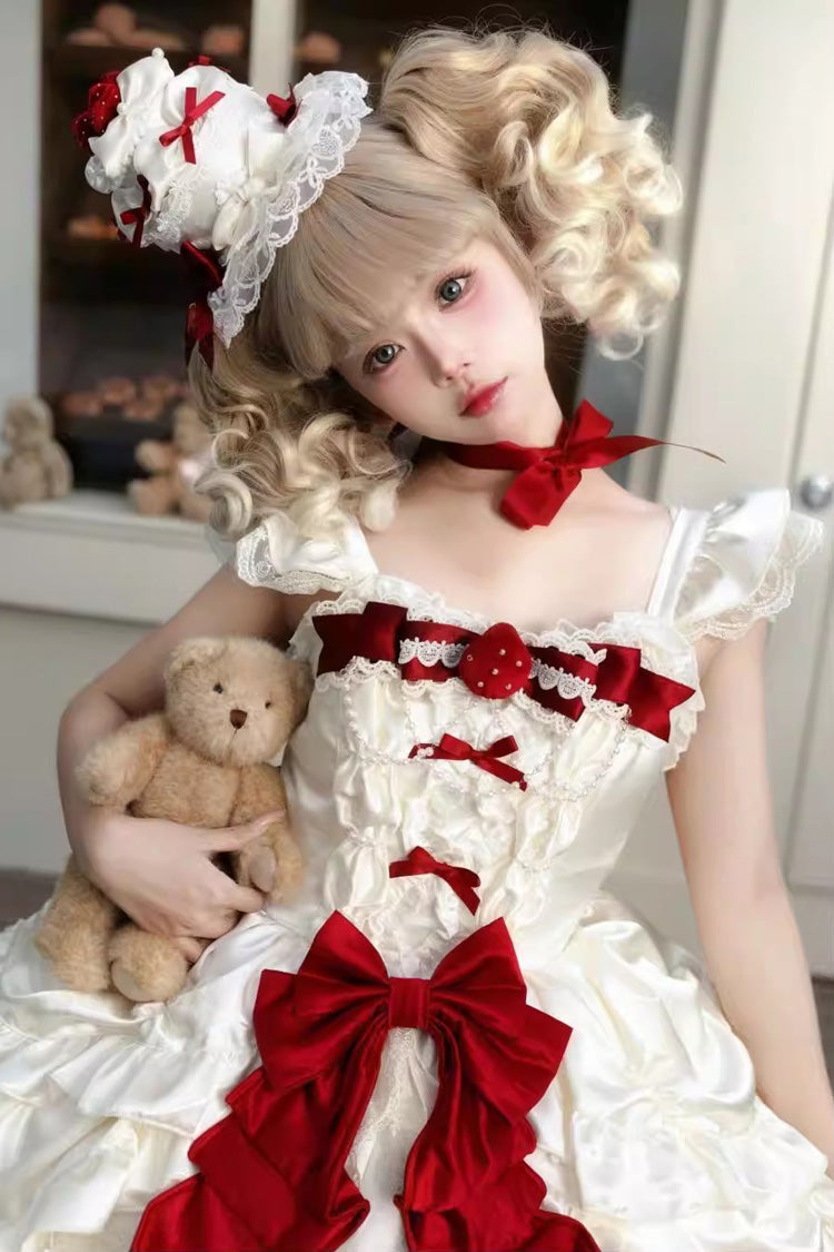 Apricot [Berry Endless] Square Collar Sleeveless Multi-Layered Ruffled Embroidered Bow Lace Sweet Lolita Jsk Dress