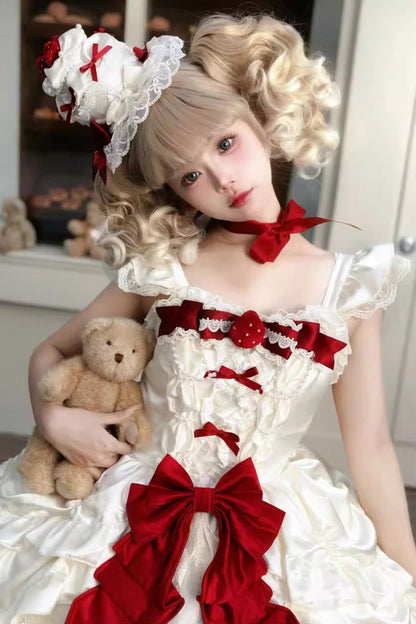 Apricot [Berry Endless] Square Collar Sleeveless Multi-Layered Ruffled Embroidered Bow Lace Sweet Lolita Jsk Dress