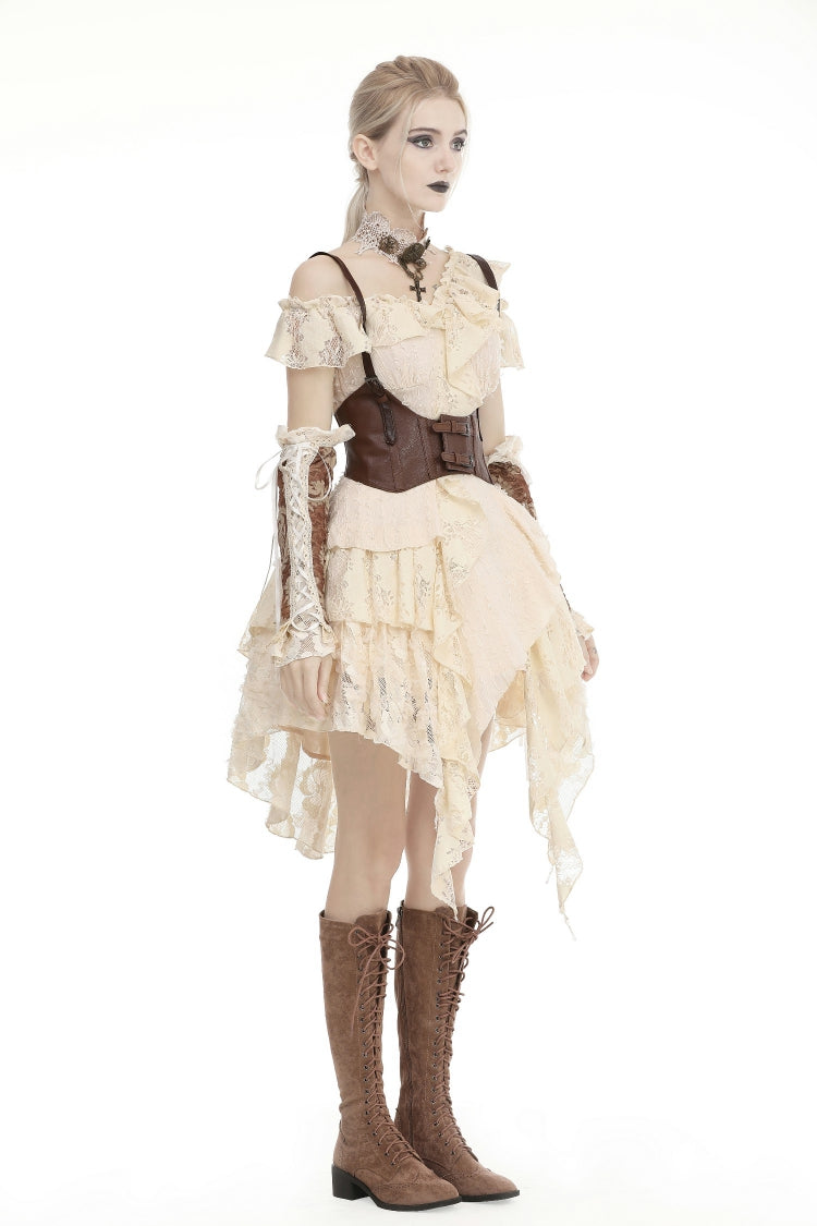 Beige Irregular Multi-Layered Ruffled Lace Women's Steampunk Vintage Dress