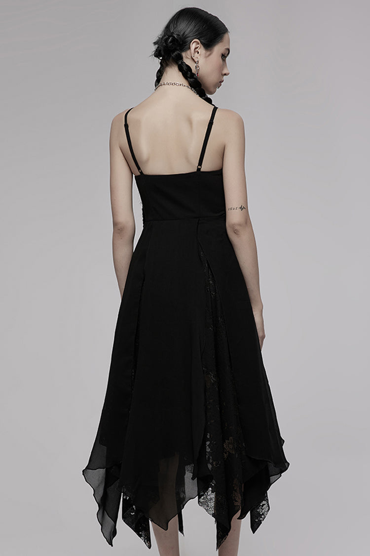 Black Double-Layer Chiffon Lace Irregular Hem Design Sling Decoration Sleeveless Women's Gothic Dress