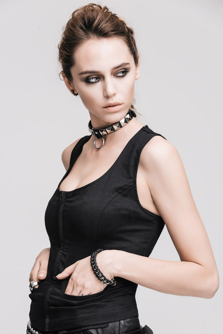 Black Front Zip Sleeveless Back Cut-Out Belted Round Collar Women's Punk Tank Top