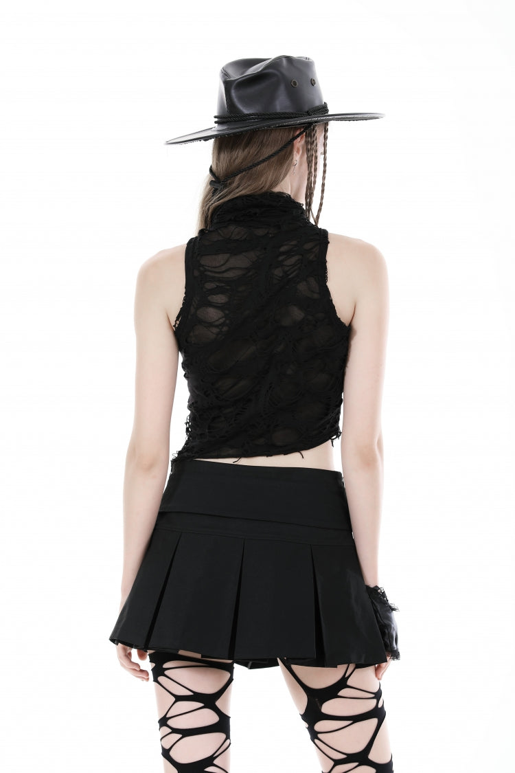 Black High Collar Sleeveless Irregular Asymmetric Lace-Up Eyelet Women's Punk Ripped Tank Top