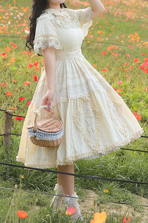 Beige Ruffled Round Collar Lace Cross Floral Embroidery Short Sleeves Plus Size Sweet Lolita OP Dress