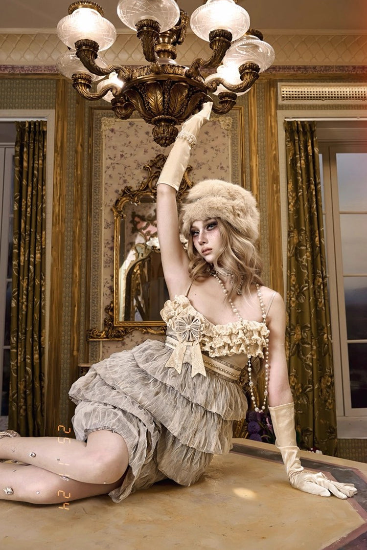 Beige [Slavic Noble Lady] Sleeveless Multi-Layered Ruffled Bow Sweet Elegant Lolita Jsk Dress