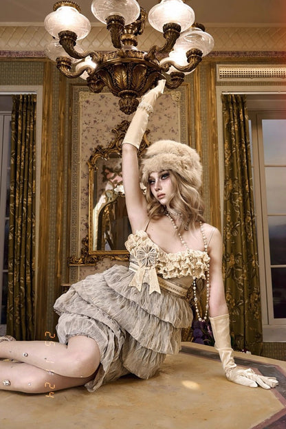 Beige [Slavic Noble Lady] Sleeveless Multi-Layered Ruffled Bow Sweet Elegant Lolita Jsk Dress