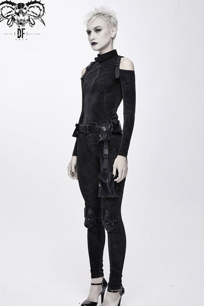 Black Hasp Knitted Collar Off-Shoulder Ribbon Irregular Floral Pattern Stretch Women's Punk Coat