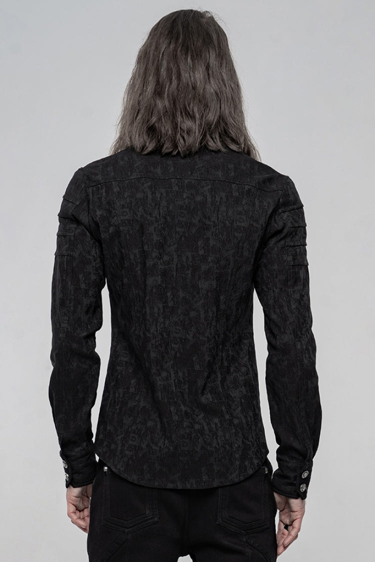 Black Long Sleeve Jacquard Front Metal Skull Button Men's Punk Shirt
