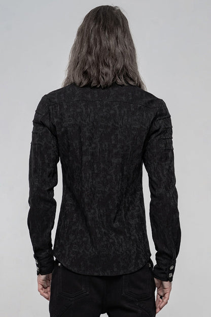 Black Long Sleeve Jacquard Front Metal Skull Button Men's Punk Shirt