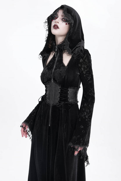 Black Long Sleeves Hollow Embroidery Hooded Ripped Women's Gothic Dress Coat