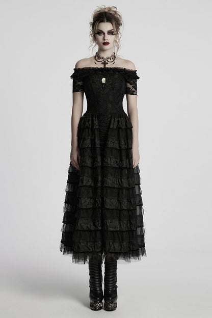 Black Off Shoulder Short Sleeves Multi-Layered Embroidery Women's Punk Dress