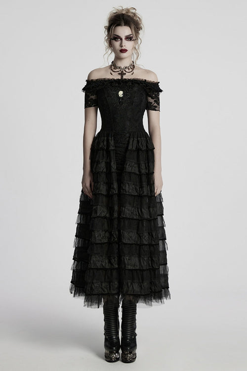 Black Off Shoulder Short Sleeves Multi-Layered Embroidery Women's Punk Dress