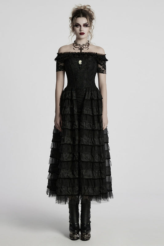 Black Off Shoulder Short Sleeves Multi-Layered Embroidery Women's Punk Dress