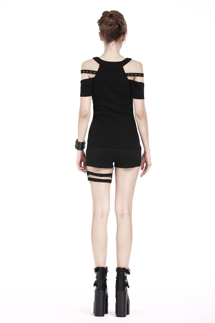 Black Off Shoulder Straps Short Sleeves Cut-Out Women's T-Shirt