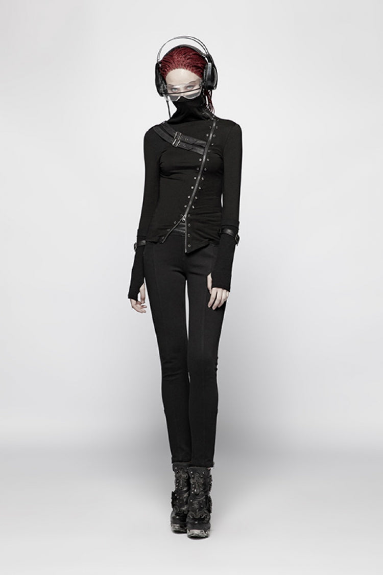 Black High Collar Long Sleeves Zipper Leather Buckle Women's Steampunk T-Shirt