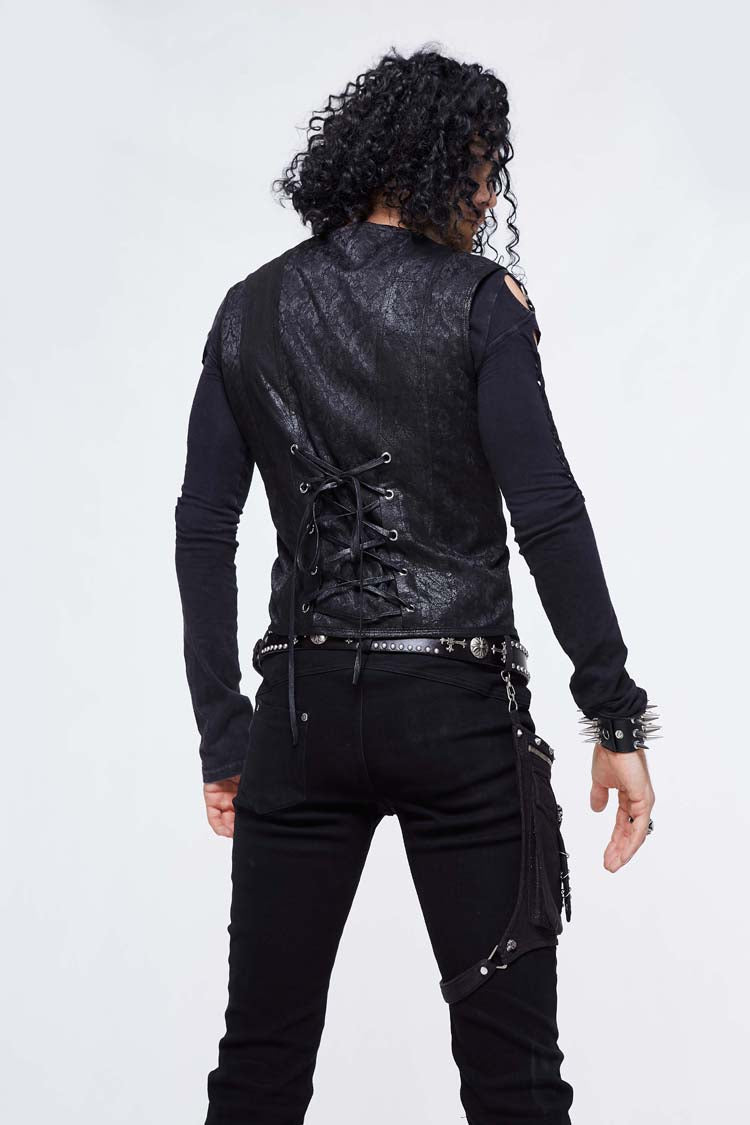 Black Jacquard Splice Heat Seal Backing Chest Loop Lace Up Men's Punk Waistcoat