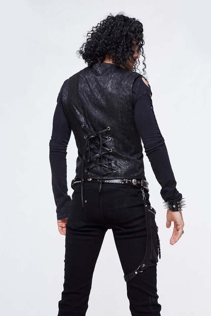 Black Jacquard Splice Heat Seal Backing Chest Loop Lace Up Men's Punk Waistcoat