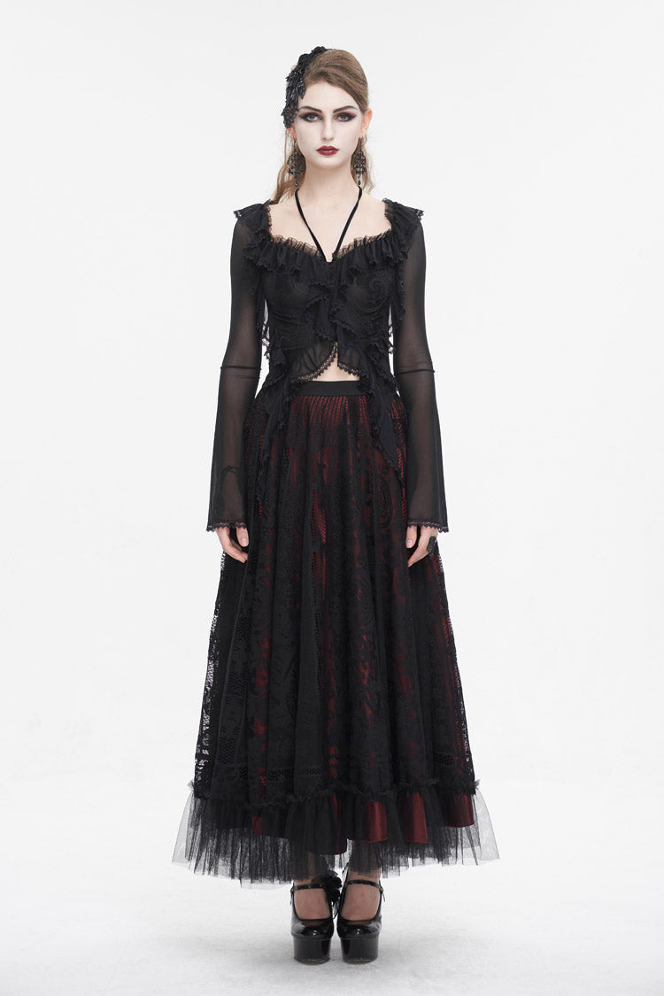 Black Lace Up Ruffled Trumpet Sleeves Mesh Women's Gothic Shirt