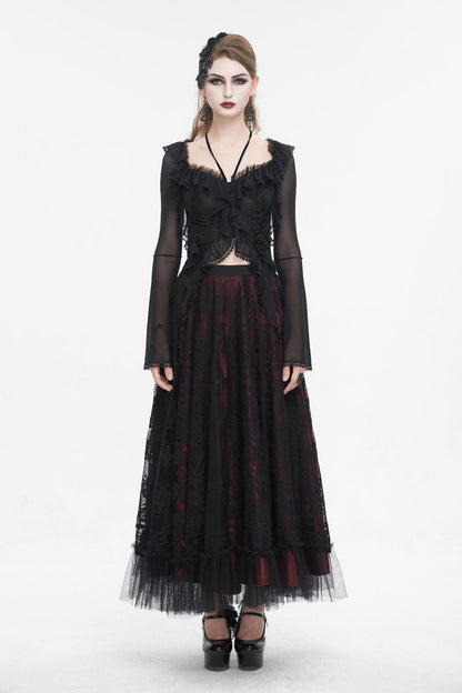 Black Lace Up Ruffled Trumpet Sleeves Mesh Women's Gothic Shirt