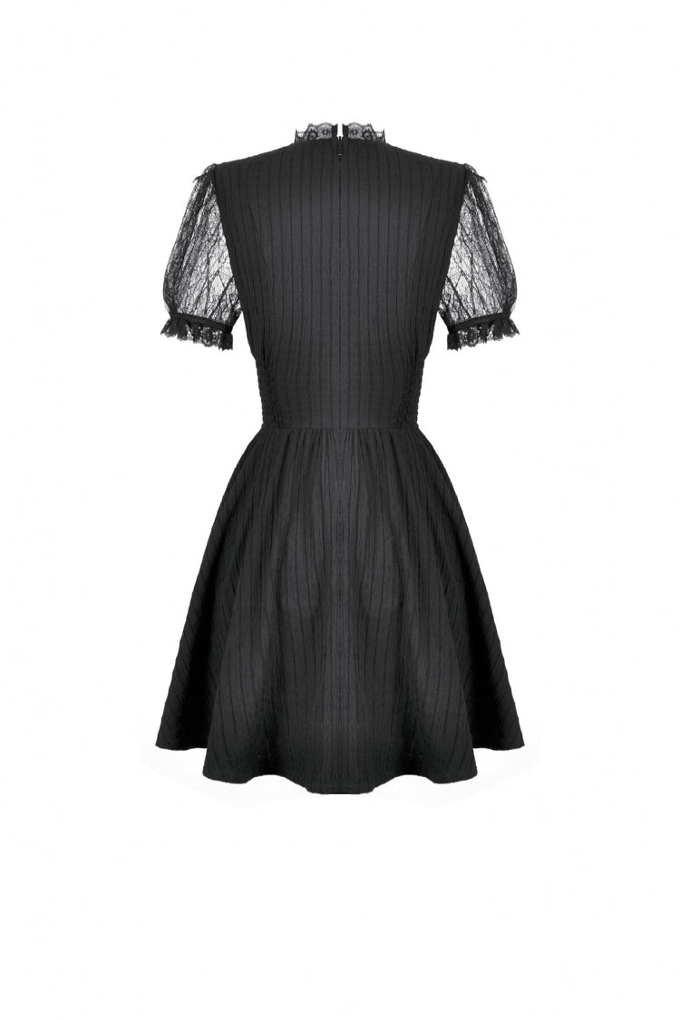 Black Lace Short Sleeves Cross Ruffled Women's Gothic Graduation Dress
