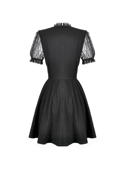 Black Lace Short Sleeves Cross Ruffled Women's Gothic Graduation Dress