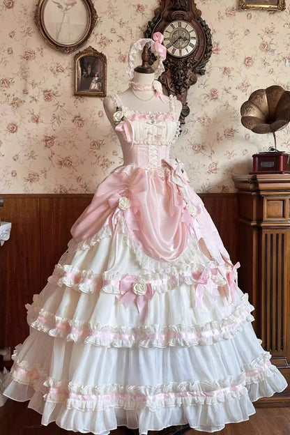 Apricot/Pink Multi-layer Ruffle Hanayome Bowknot Sweet Princess Gorgeous Long Lolita Jsk Dress