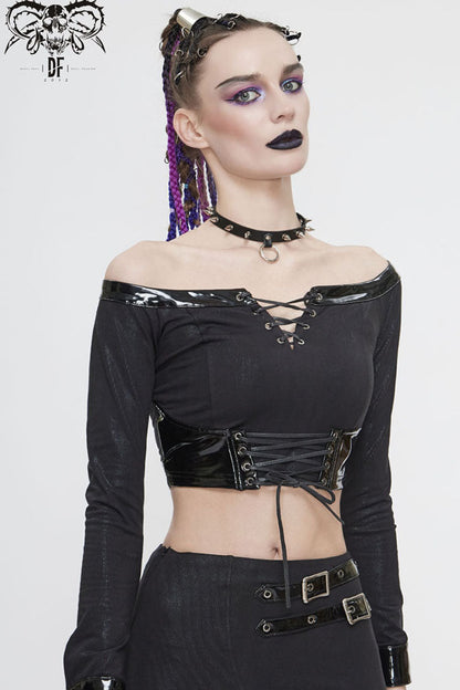 Black Long Sleeve Twill Off-Shoulder Chest Lace Up Splice Patent Leather Waist Seal Short Women's Punk T-Shirt