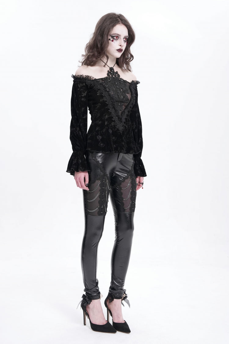 Black Off Shoulder Hollow Embroidery Women's Gothic Blouse