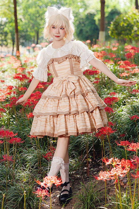 Apricot [Cloth Cat] Triple-Layered Print Ruffle Bowknot Sweet Lolita Dress