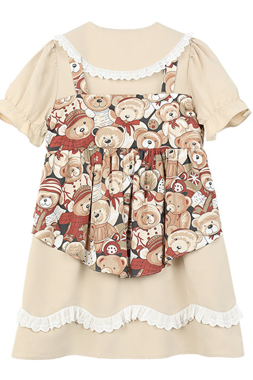 Beige Vintage Doll Collar Bear Print Fake Two Pieces Short Sleeves Sweet Lolita Dress