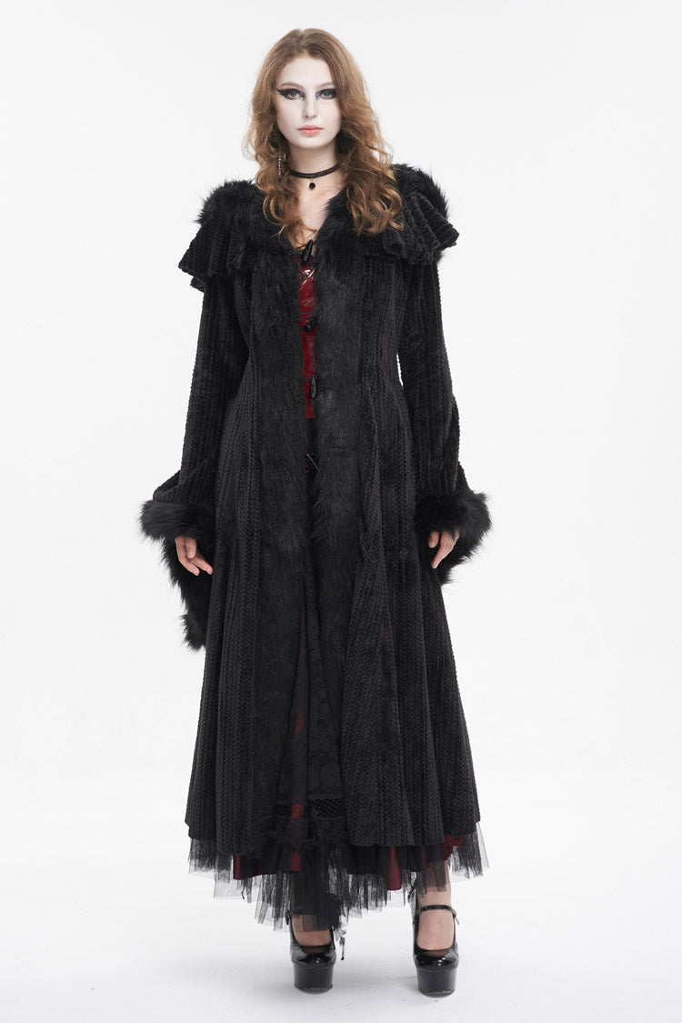 Black Flared Sleeved Fluffy Long Women's Gothic Coat With Hood