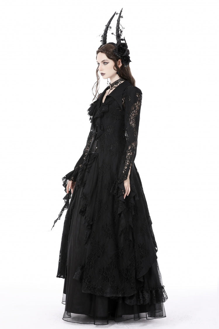 Black Lapel Collar Long Sleeves Ruffled Irregular Lace Lace-Up Women's Gothic Jacket Dress