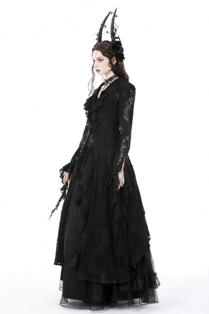 Black Lapel Collar Long Sleeves Ruffled Irregular Lace Lace-Up Women's Gothic Jacket Dress
