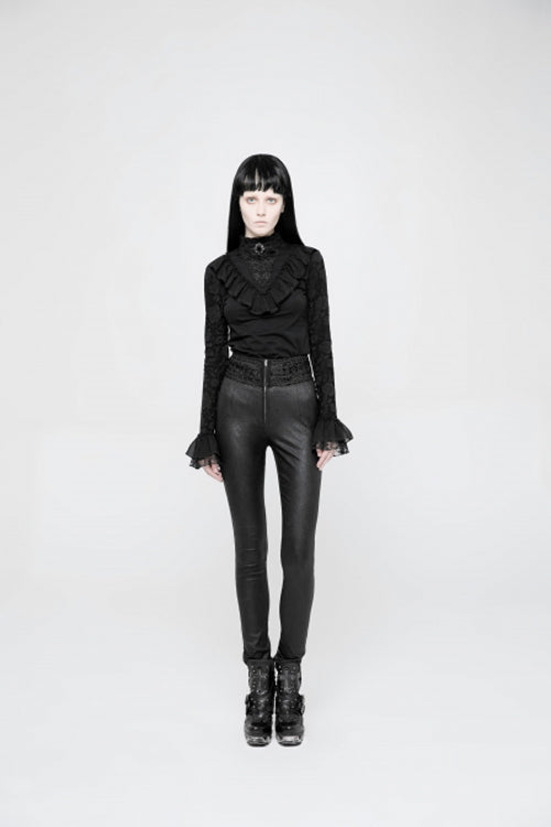Black High Waist Flower Weaves The Ribbon Decoration Lace Up Gothic Jacquard Women's Pants