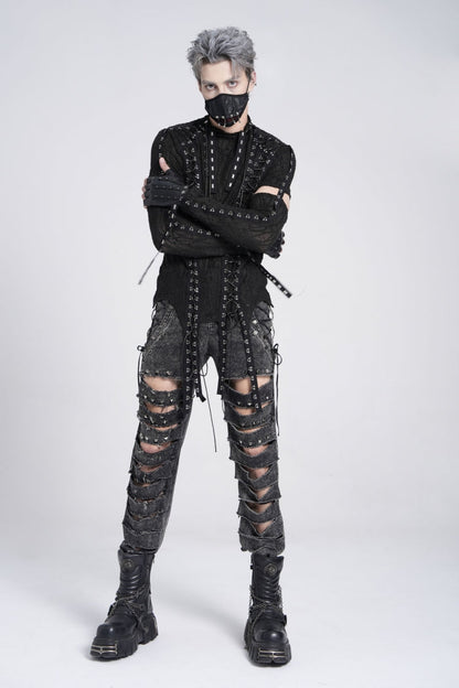 Black Long Sleeves Strap Lace-Up Irregular Mesh Men's Gothic T-Shirt
