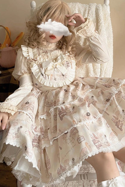Beige Sleeveless Triple-Layered Print Ruffle Bowknot Sweet Plus Size Lolita Jsk Dress
