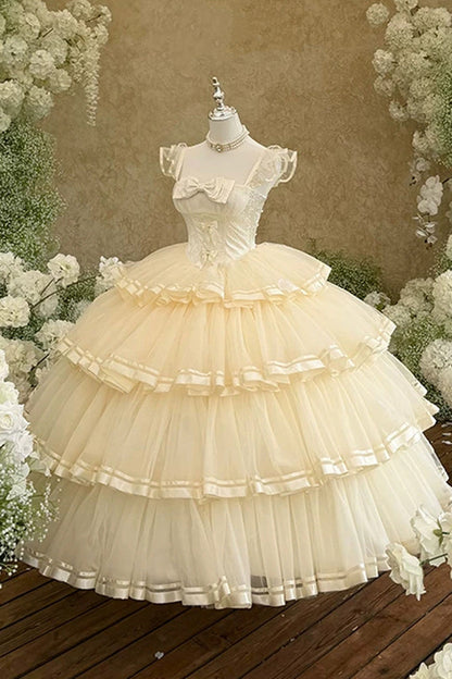 Apricot [Sweet Organza Satin] Sleeveless Multi-Layered Ruffled Hanayome Bow Lace Sweet Elegant Princess Lolita Jsk Dress