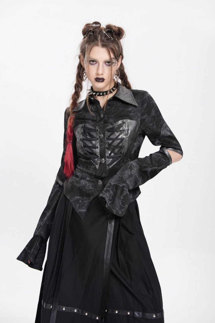 Black Lapel Collar Long Sleeves Print Lace-Up Cutout Women's Punk Blouse