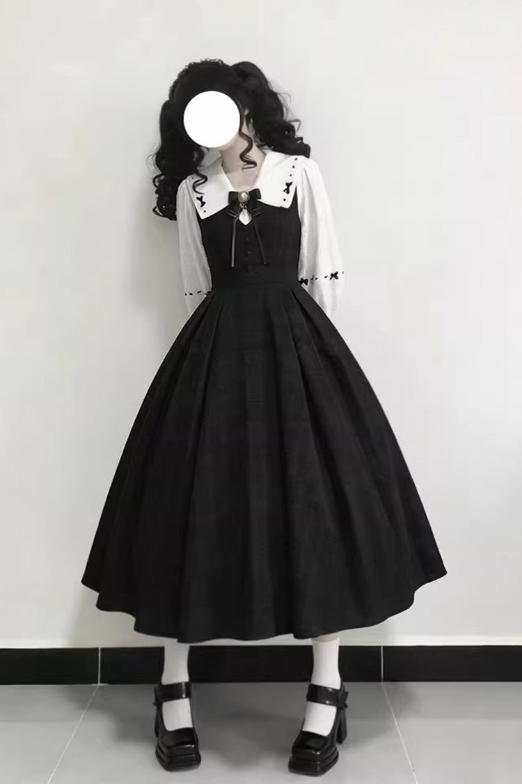 Black Lapel Collar Long Sleeves Ruffled Bow Sweet Lolita Jumper Dress Set