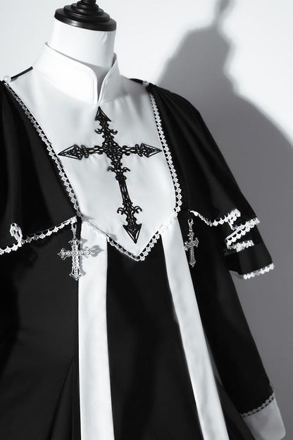 Black Monastery Long Sleeves Cross Print Gothic Lolita Dress Two-piece Set